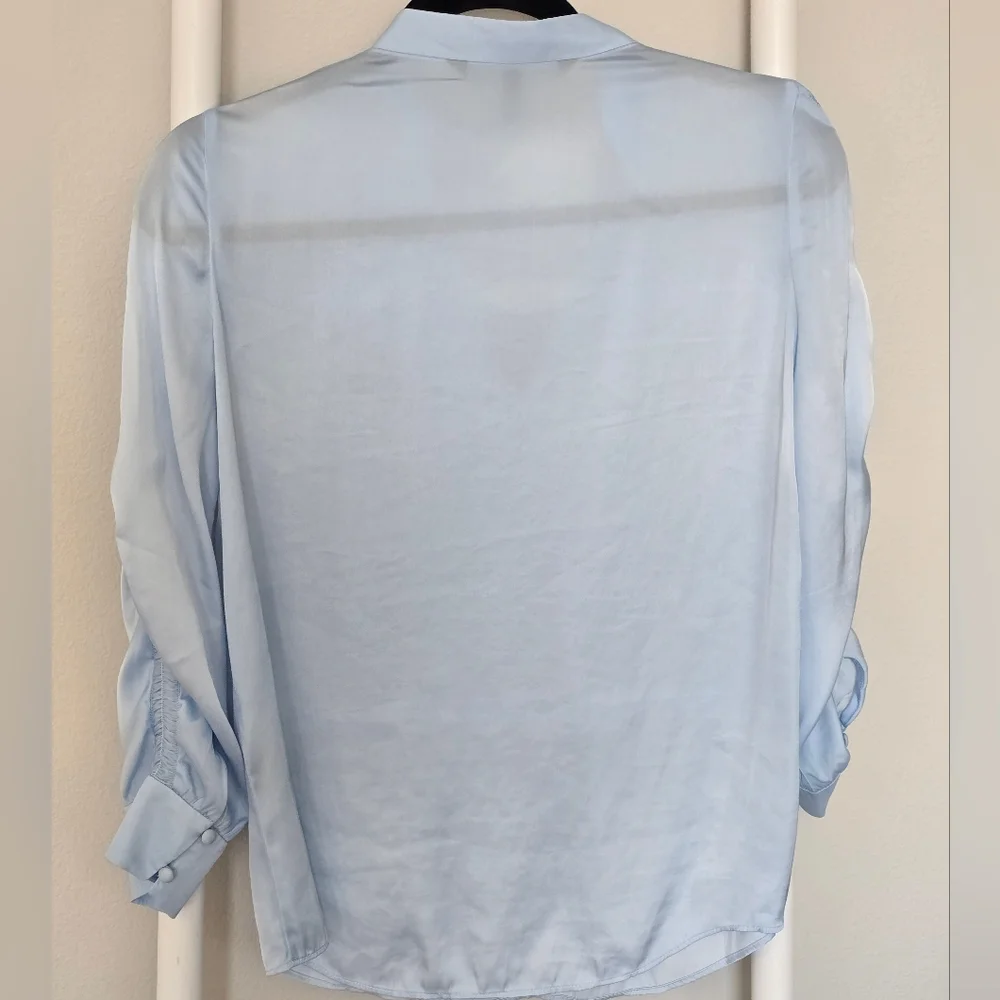 White House Black Market Light Blue Blouse With Rouched Sleeves - Picture 5 of 8